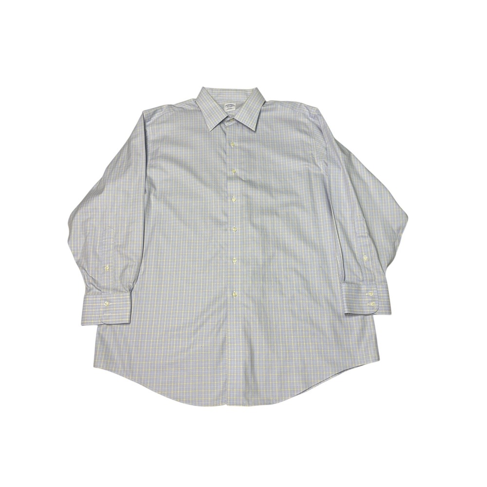 Brooks Brothers Mens Non Iron Dress Shirt 17.5 34 Plaid Blue Yellow Button Up